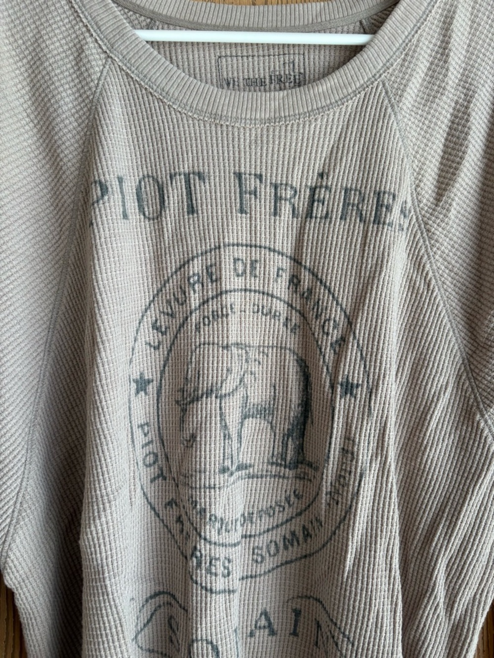 Free People waffle knit long sleeve top in taupe with black print - Picture 2 of 4